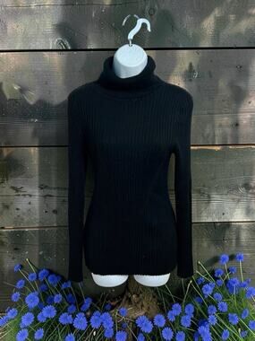 Black Ribbed Turtleneck Sweater Sz Large Minimalist Pullover Versatile Top